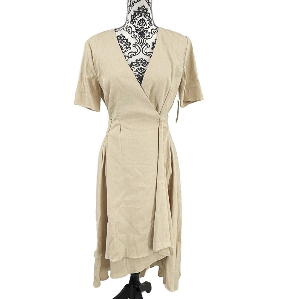 Crémieux Beige Wrap Midi Dress Linen Blend Minimalist Quiet Luxury Coastal Chic